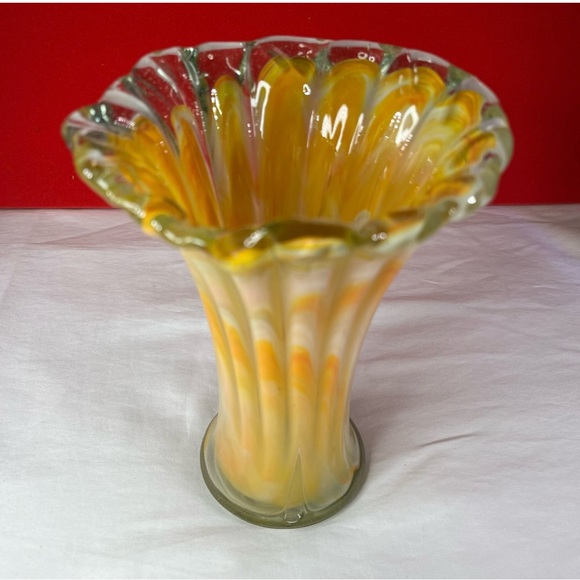 Handblown Glass Petal Vase Orange White Swirl Stretched Art Vintage - Picture 2 of 5